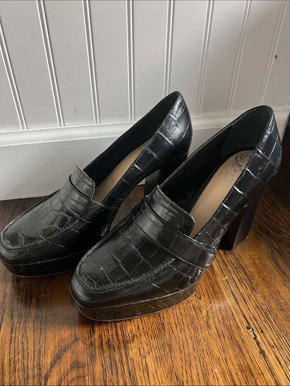 Vince Camuto Black Croc-Embossed Platform Loafers